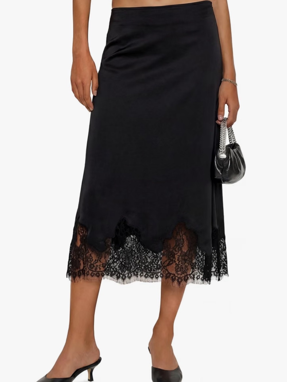Cicy Bell Black Satin Midi Skirt Lace Trim Hem